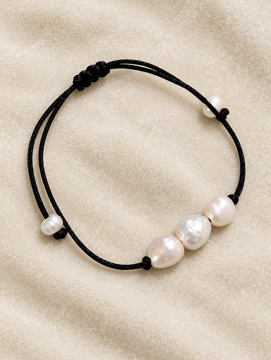 Black cord bracelet with baroque freshwater pearls on cream velvet