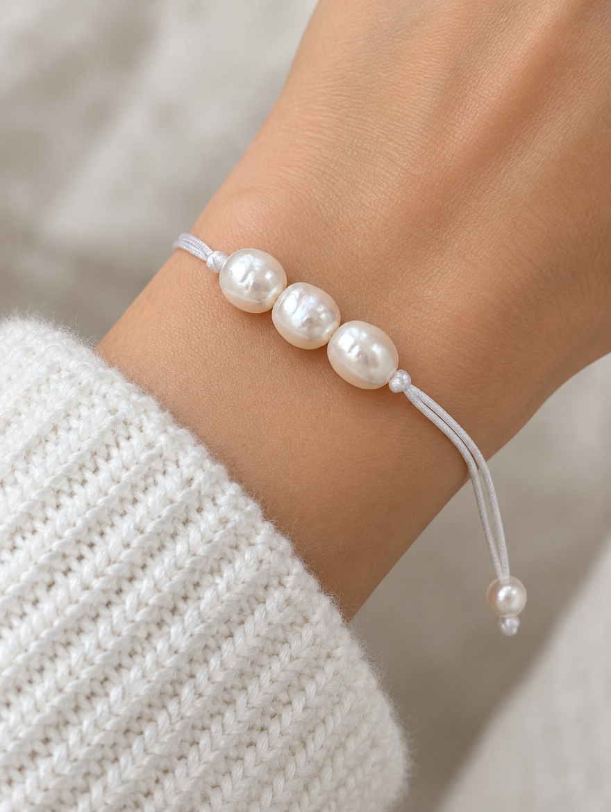 White cord bracelet with baroque freshwater pearls worn on a wrist