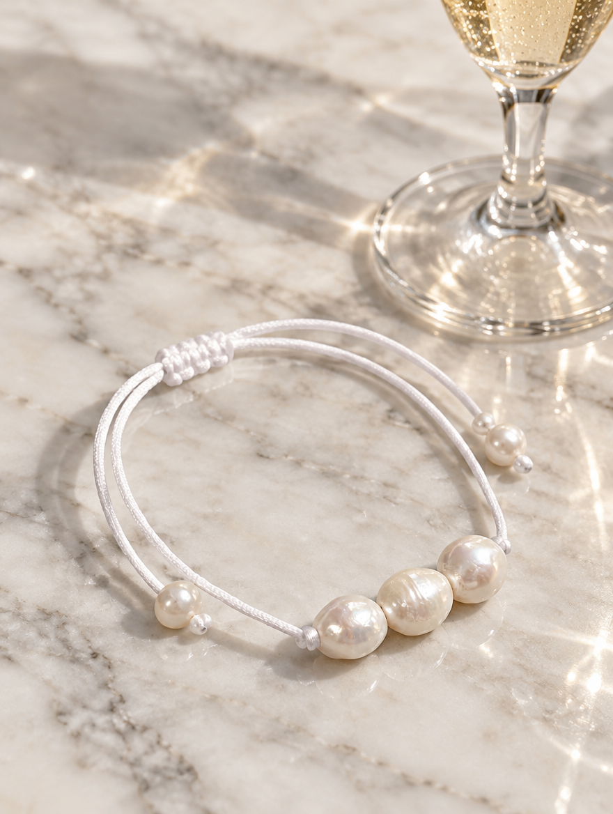 White cord bracelet with baroque freshwater pearls beside a champagne flute on marble