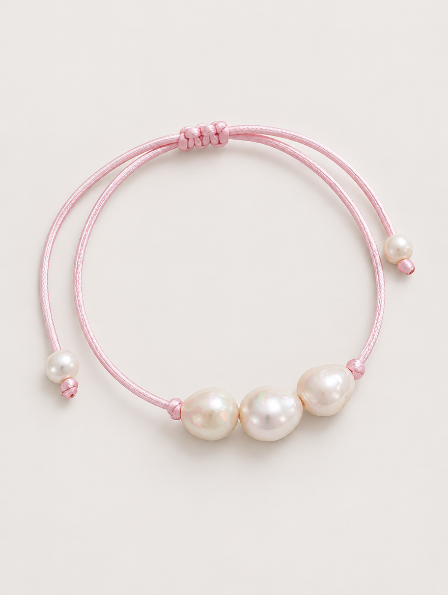 Light Pink cord bracelet with baroque freshwater pearls on a neutral background
