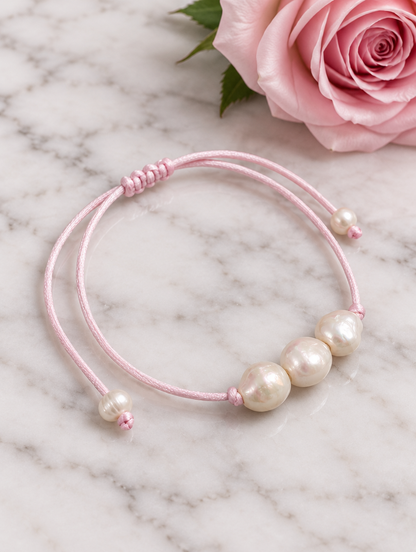Light Pink cord bracelet with baroque freshwater pearls beside a pink rose on marble