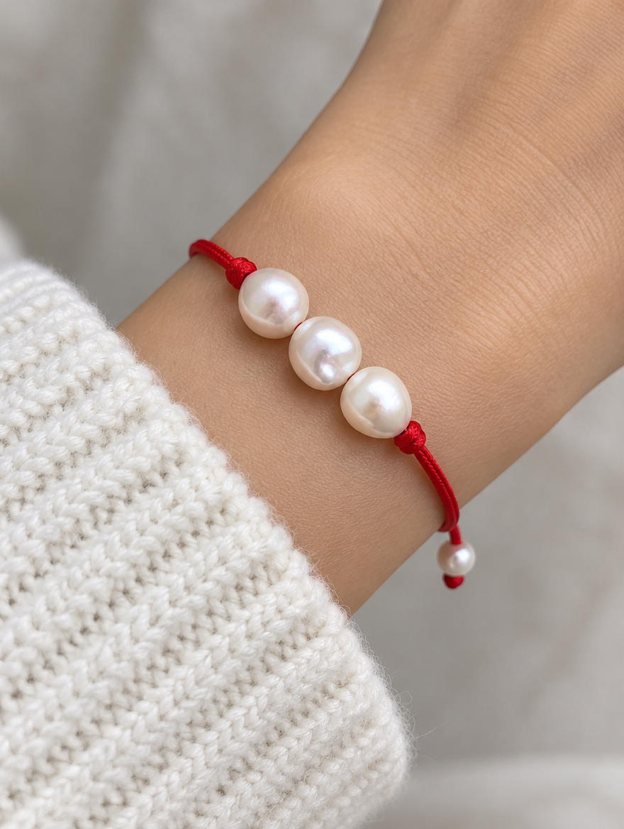 Red cord bracelet with baroque freshwater pearls worn on a wrist
