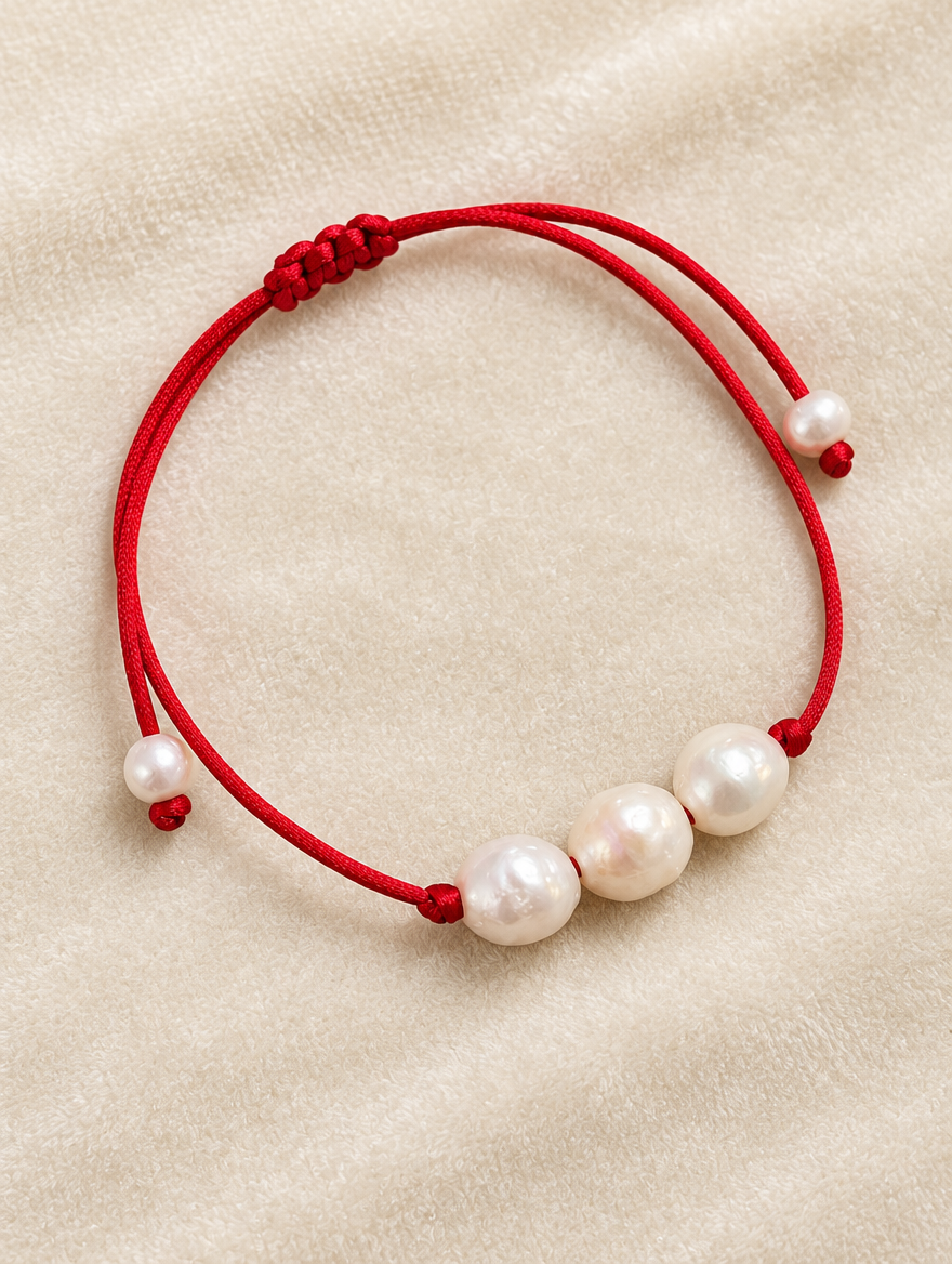Red cord bracelet with baroque freshwater pearls on cream velvet