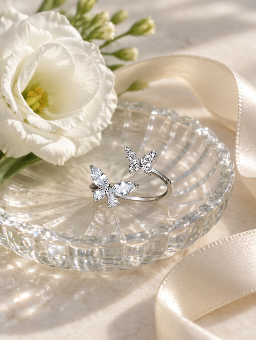 Silver twin butterfly sparkling open ring in a small dish with styling props