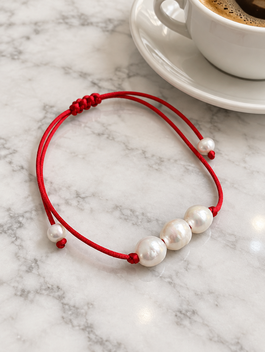 Red cord bracelet with baroque freshwater pearls beside a coffee cup on marble