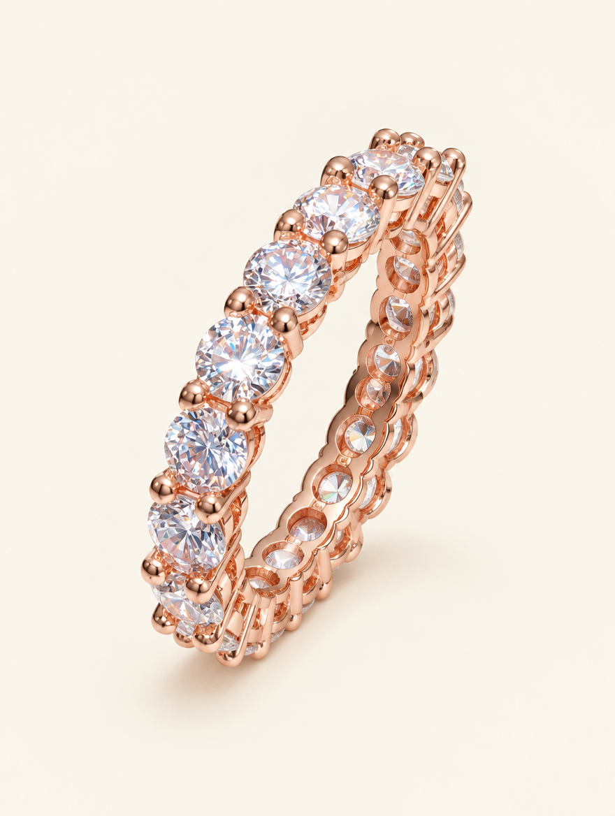 Rose gold zirconia eternity band ring on a neutral background