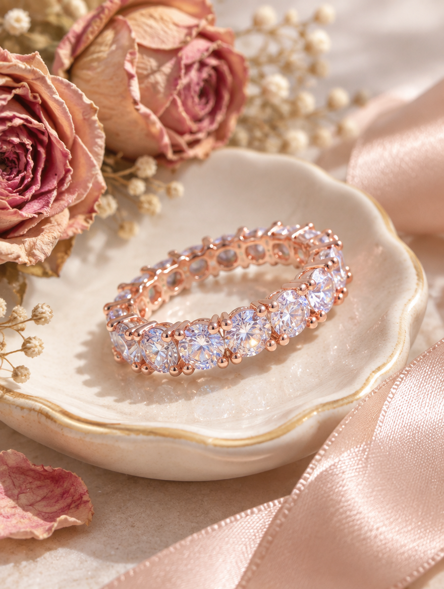 Rose gold zirconia eternity band ring in a small dish with styling props