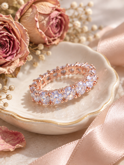 Rose gold zirconia eternity band ring in a small dish with styling props