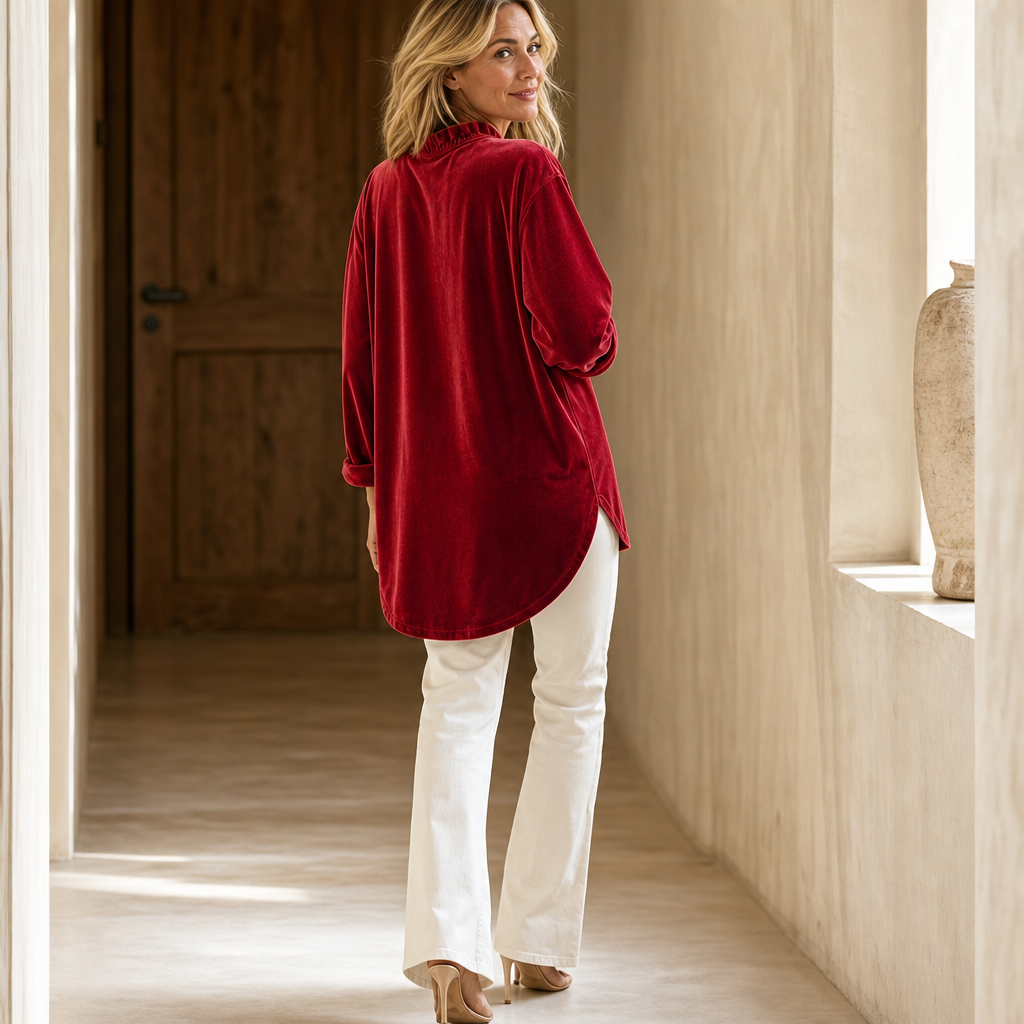 Women's Velvet Blouse – Ruffled V-Neck Top