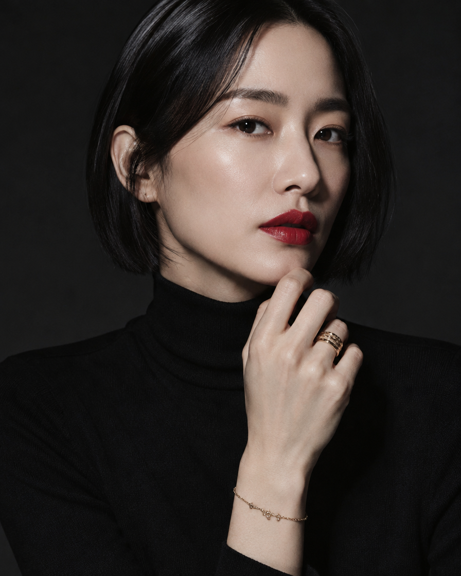 Woman with sleek bob wearing stacked rings
