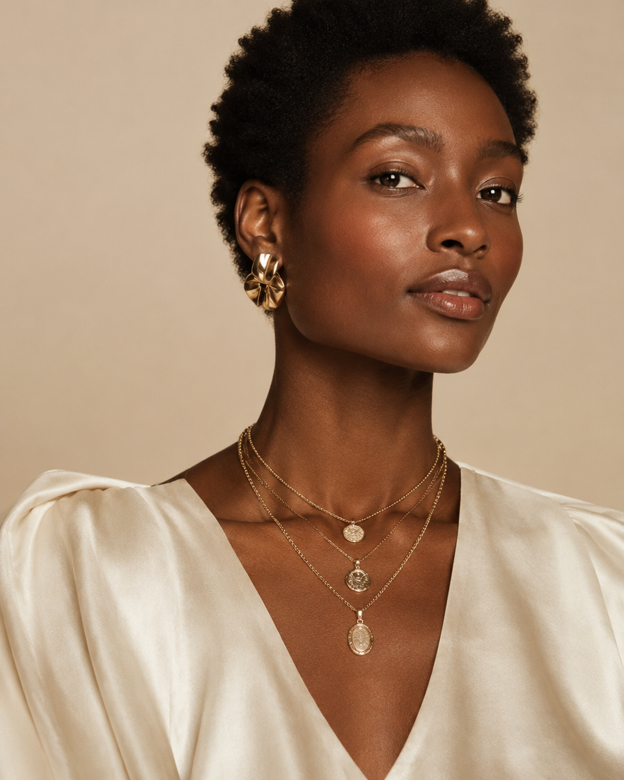 Woman in cream silk top with layered necklaces