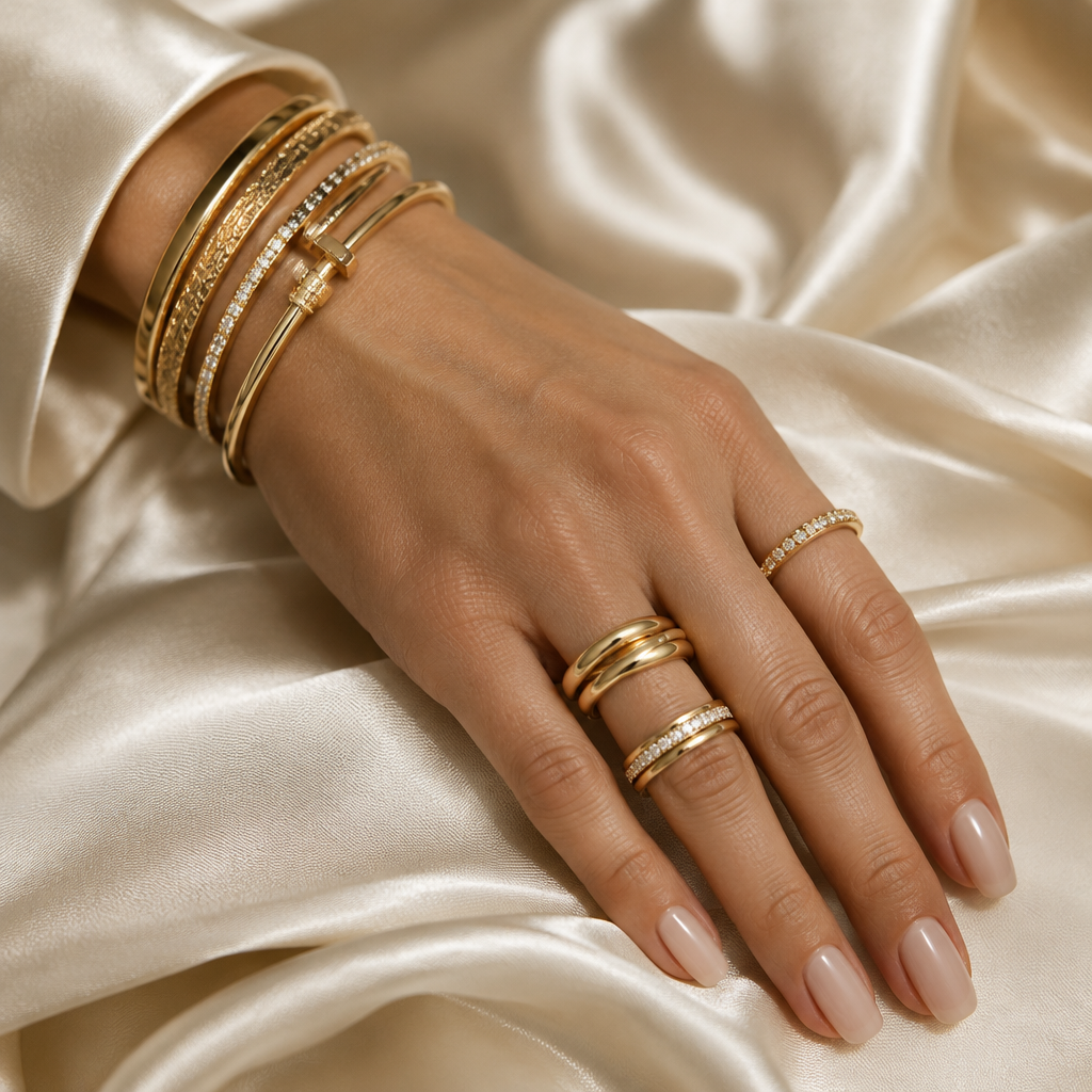 Hand with stacked rings and bangles