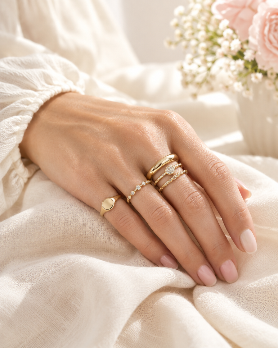 Hand with stacked gold-tone rings on cream fabric