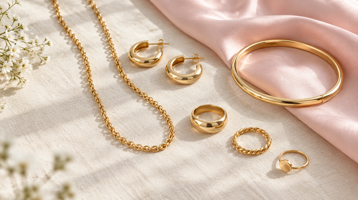Gold-tone jewellery still life on cream linen and pink satin