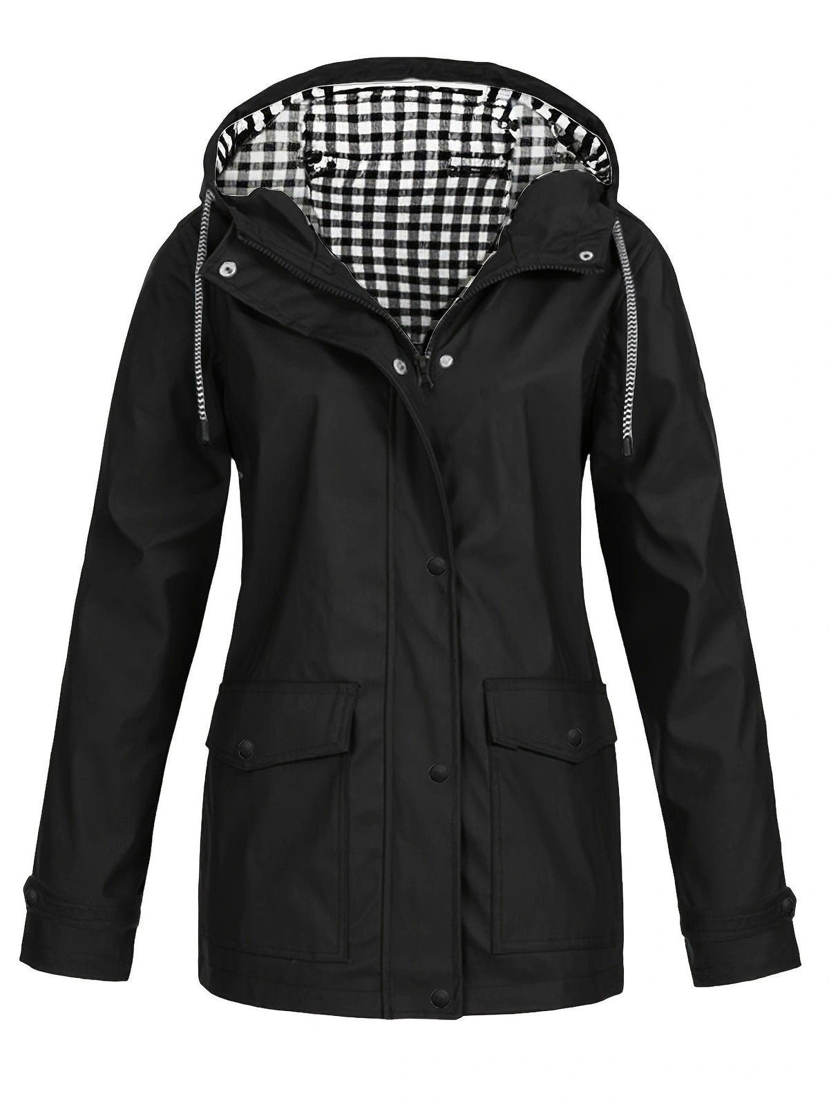 Women's Waterproof Hooded Rain Jacket Check Lined Snap Button Outdoor Coat