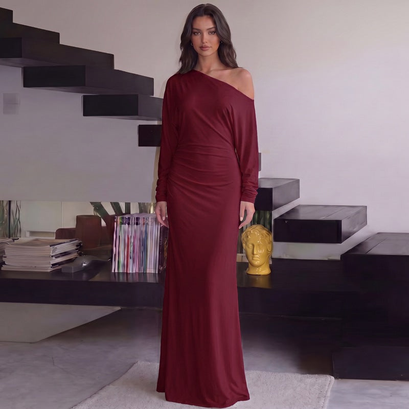 Open-Shoulder Pleated Maxi Dress