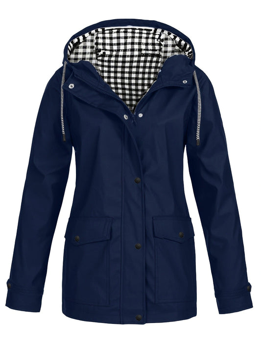Women's Waterproof Hooded Rain Jacket Check Lined Snap Button Outdoor Coat