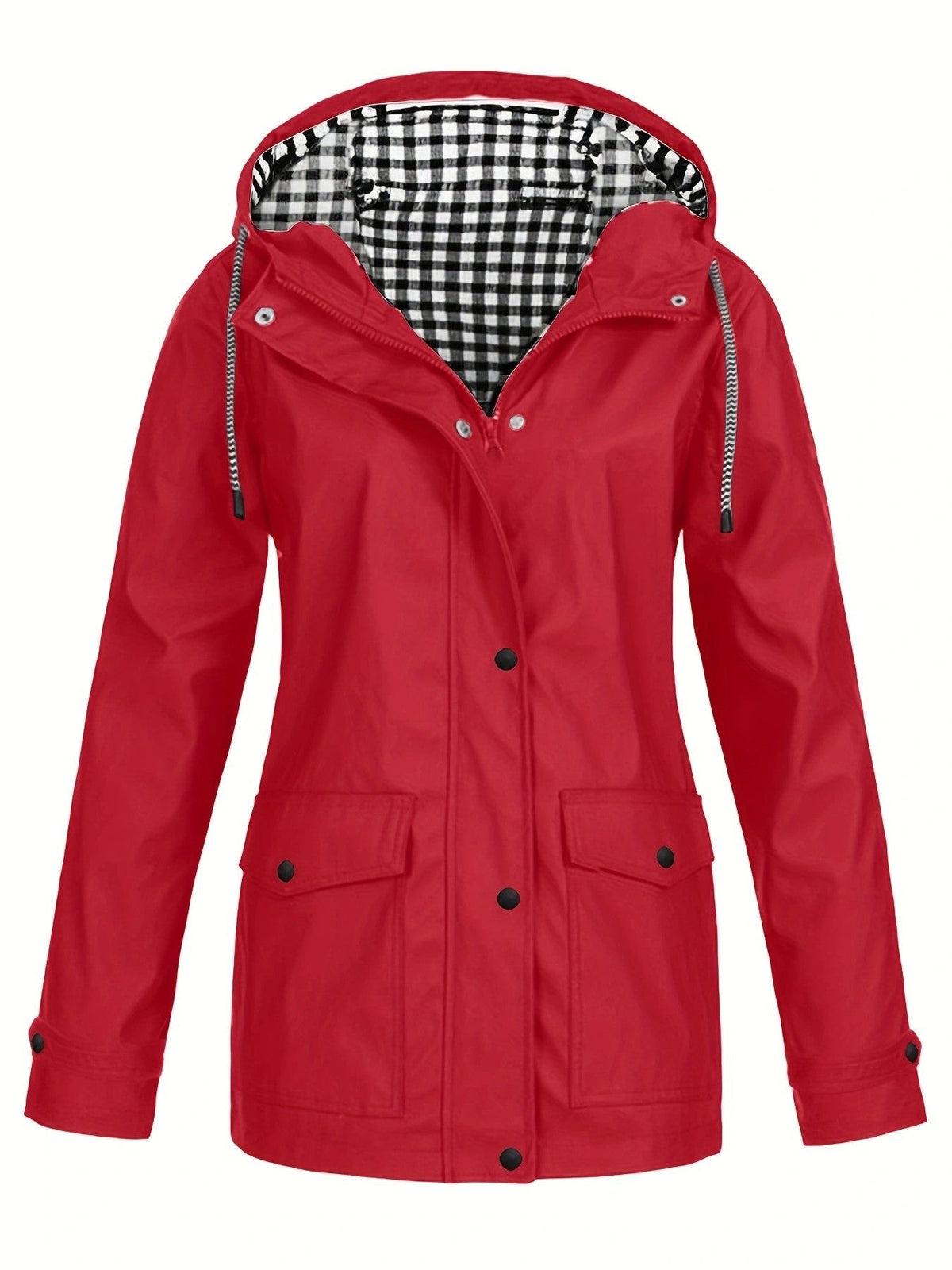 Women's Waterproof Hooded Rain Jacket Check Lined Snap Button Outdoor Coat