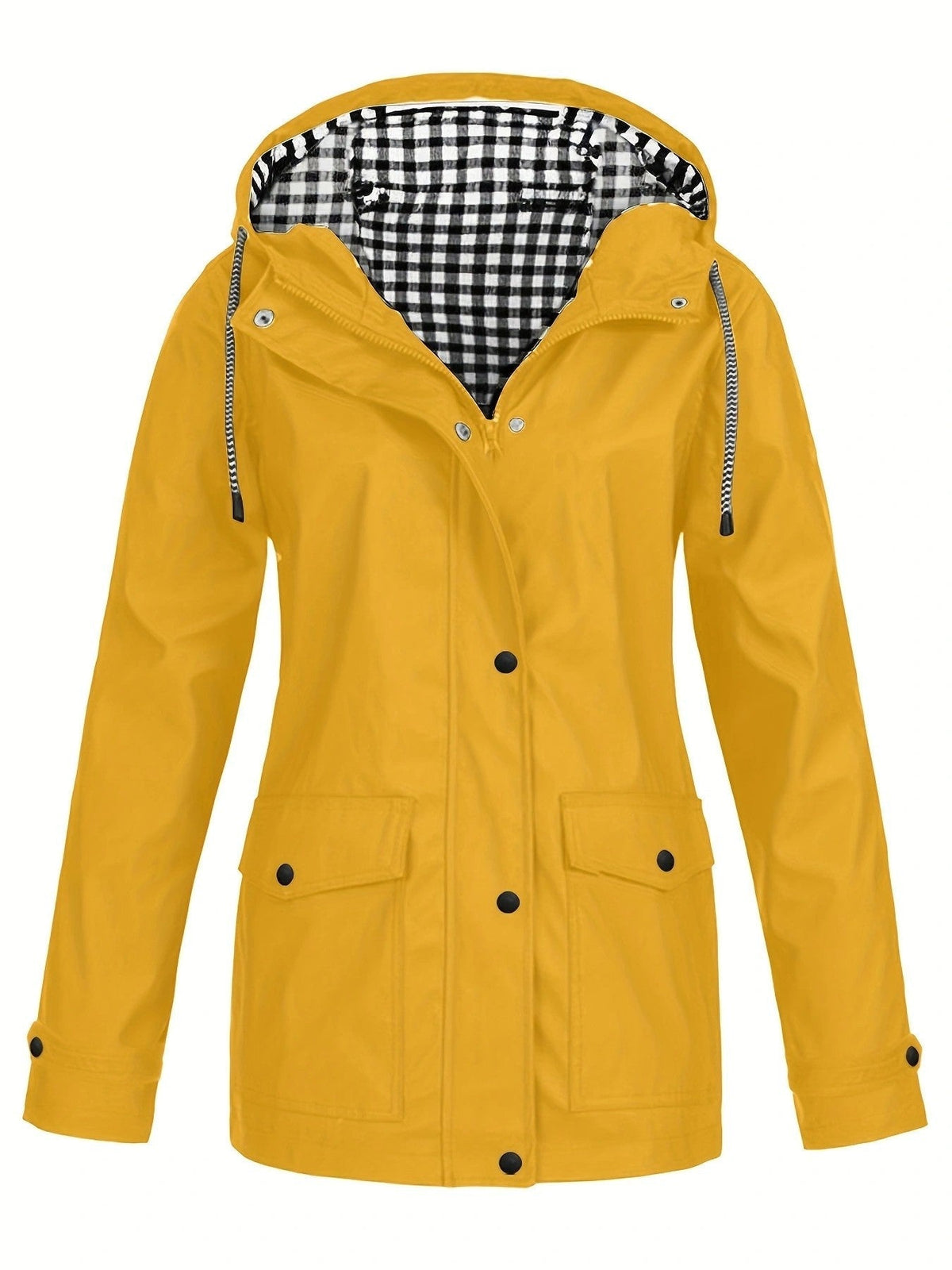 Women's Waterproof Hooded Rain Jacket Check Lined Snap Button Outdoor Coat